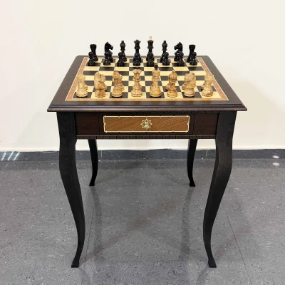 Шахматные стол венге ясень с фигурами из карельской березы Стаунтон