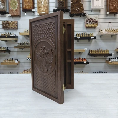 Нарды деревянные подарочные из массива бука Герб РФ средние