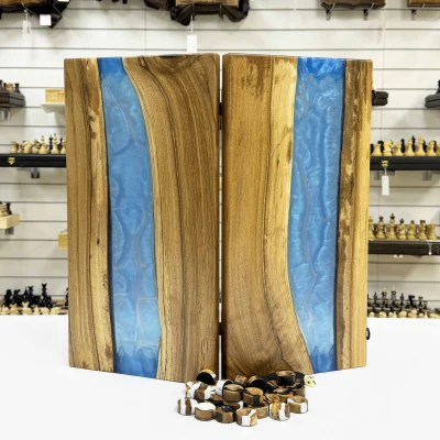 Нарды подарочные из дерева ореха и эпоксидной смолы синие 50 см
