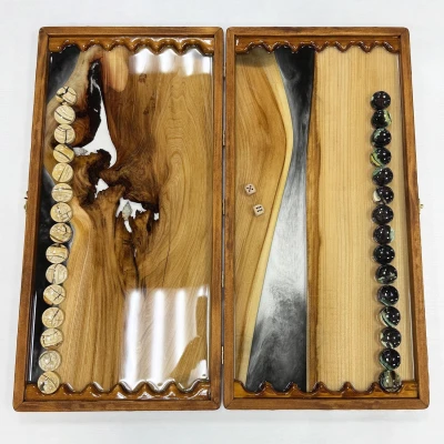 Нарды эксклюзивные подарочные из эпоксидной смолы и массива ореха, фишки из бивня мамонта