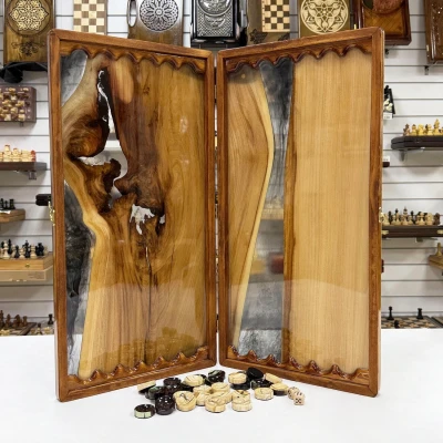 Нарды эксклюзивные подарочные из эпоксидной смолы и массива ореха, фишки из бивня мамонта