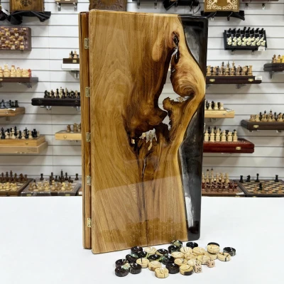 Нарды эксклюзивные подарочные из эпоксидной смолы и массива ореха, фишки из бивня мамонта