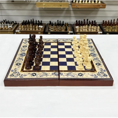 Набор 3 в 1 шахматы нарды шашки Гжель