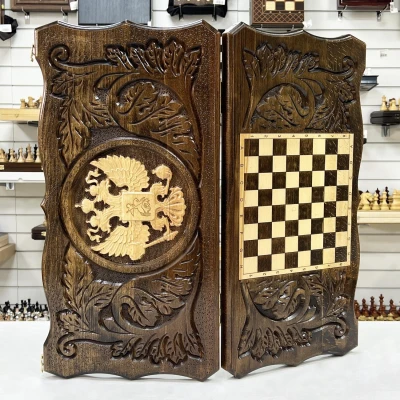 Нарды резные узорные из массива бука Герб светлый большие