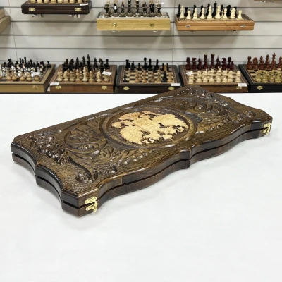 Нарды резные узорные из массива бука Герб светлый большие