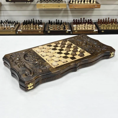 Нарды резные узорные из массива бука Герб светлый большие