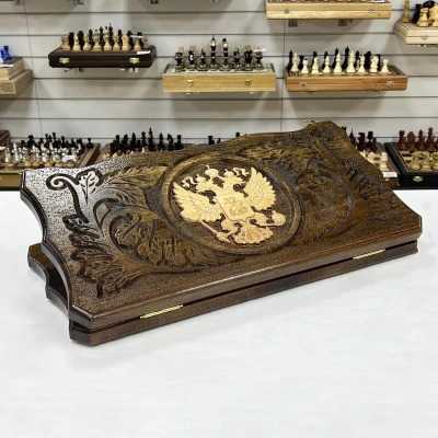 Нарды резные узорные из массива бука Герб светлый большие