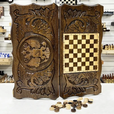 Нарды резные узорные большие из массива бука Герб темный