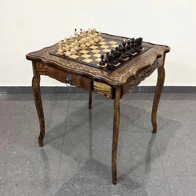 Шахматный стол резной из массива ясеня с фигурами из граба