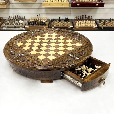 Шахматы деревянные с выдвижным ящиком резной Круг