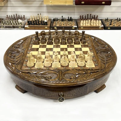 Шахматы деревянные с выдвижным ящиком резной Круг