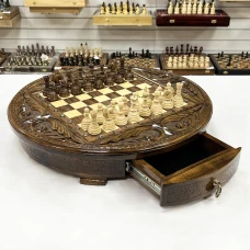 Шахматы деревянные с выдвижным ящиком резной Круг
