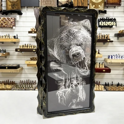 Нарды стеклянные подарочные Медведь 63 см с чехлом