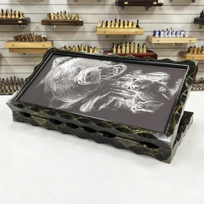 Нарды стеклянные подарочные Медведь 63 см с чехлом