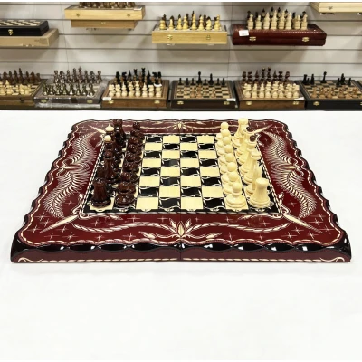 Набор 3 в 1 шахматы нарды шашки резные Красный дракон 60см