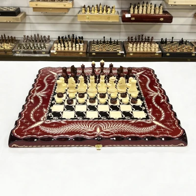 Набор 3 в 1 шахматы нарды шашки резные Красный дракон 60см