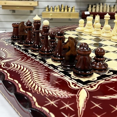 Набор 3 в 1 шахматы нарды шашки резные Красный дракон 60см