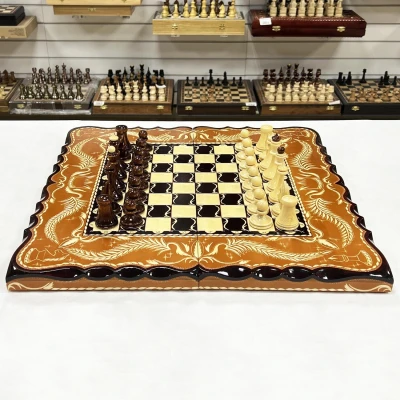 Набор 3 в 1 шахматы нарды шашки резные Оранжевый лев 60 см