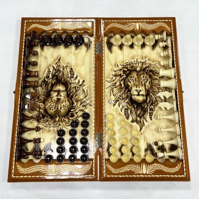 Набор 3 в 1 шахматы нарды шашки резные Оранжевый лев 60 см