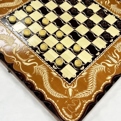 Набор 3 в 1 шахматы нарды шашки резные Оранжевый лев 60 см