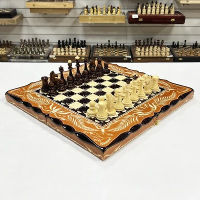 Набор 3 в 1 шахматы нарды шашки резной Герб оранжевый 50 см