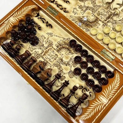 Набор 3 в 1 шахматы нарды шашки резной Герб оранжевый 50 см