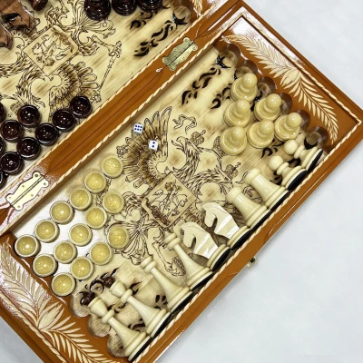 Набор 3 в 1 шахматы нарды шашки резной Герб оранжевый 50 см