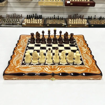 Набор 3 в 1 шахматы нарды шашки резной Герб оранжевый 50 см