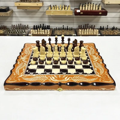 Набор 3 в 1 шахматы нарды шашки резной Герб оранжевый 50 см