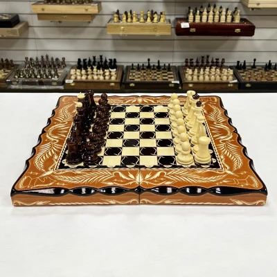 Набор 3 в 1 шахматы нарды шашки резной Герб оранжевый 50 см