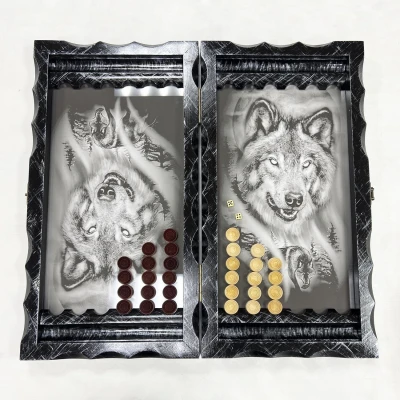 Нарды стеклянные подарочные Волчья стая 63 см с чехлом