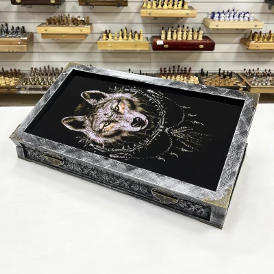 Нарды стеклянные подарочные VIP Волк 67 см с чехлом