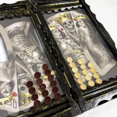 Нарды стеклянные подарочные Скелет и карты 63 см с чехлом