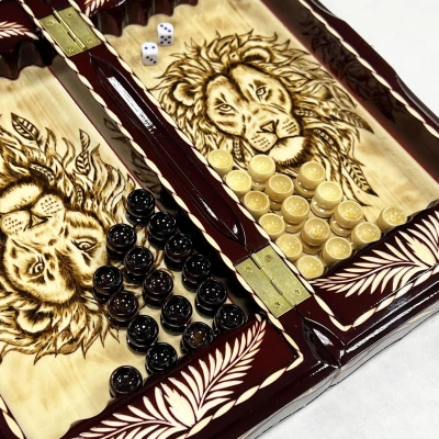 Набор 3 в 1 шахматы нарды шашки резные Лев 30 см лакированные