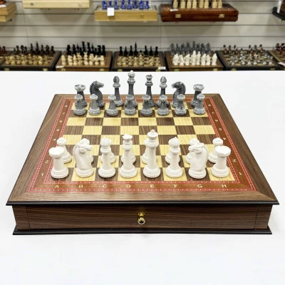 Шахматы в ларце с выдвижными ящиками орех Стаунтон литьевой мрамор