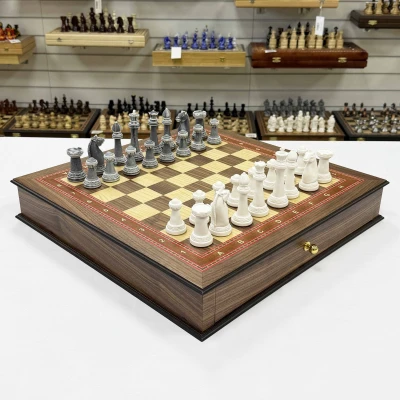 Шахматы в ларце с выдвижными ящиками орех Стаунтон литьевой мрамор