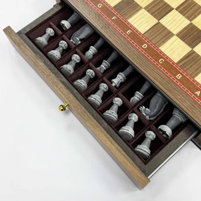 Шахматы в ларце с выдвижными ящиками орех Стаунтон литьевой мрамор