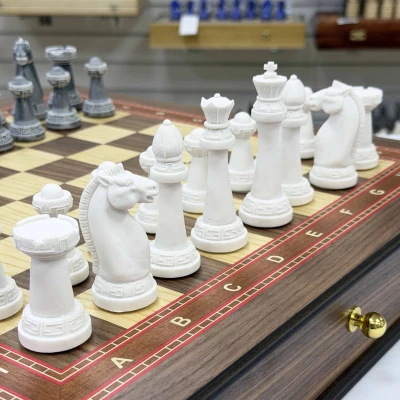 Шахматы в ларце с выдвижными ящиками орех Стаунтон литьевой мрамор