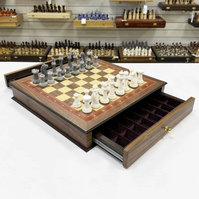 Шахматы в ларце с выдвижными ящиками орех Стаунтон литьевой мрамор