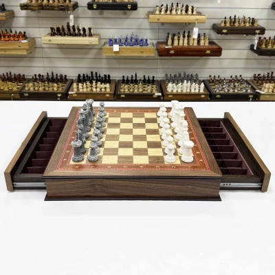 Шахматы в ларце с выдвижными ящиками орех Стаунтон литьевой мрамор