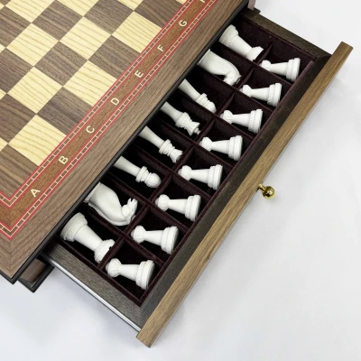 Шахматы в ларце с выдвижными ящиками орех Стаунтон литьевой мрамор