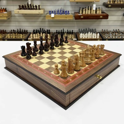 Шахматы подарочные в ларце с выдвижными ящиками орех Суприм лакированные