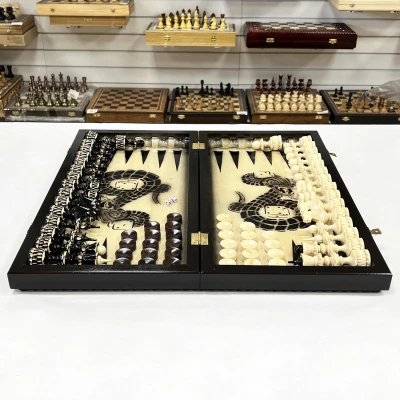 Набор 3 в 1 шахматы нарды шашки резные лак Змея