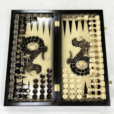 Набор 3 в 1 шахматы нарды шашки резные лак Змея