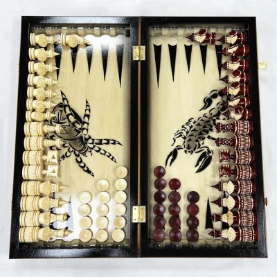 Набор 3 в 1 шахматы нарды шашки резной лак Паук и Скорпион