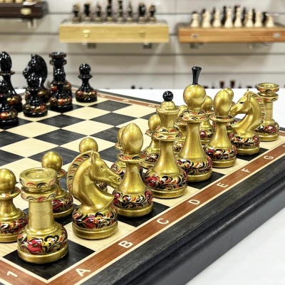 Шахматы эксклюзивные мореный дуб ручная роспись Хохлома