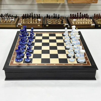 Шахматы ручной работы художественная роспись Гжель стаунтон моренный дуб