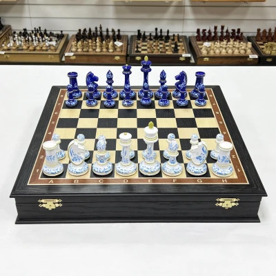 Шахматы ручной работы художественная роспись Гжель стаунтон моренный дуб