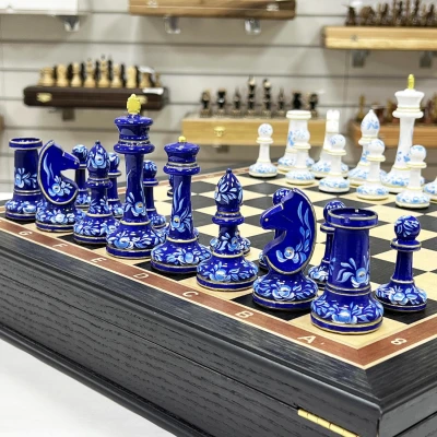 Шахматы ручной работы художественная роспись Гжель стаунтон моренный дуб