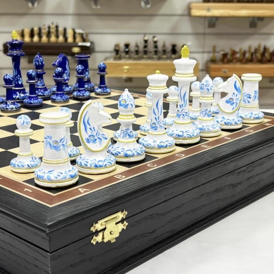 Шахматы ручной работы художественная роспись Гжель стаунтон моренный дуб
